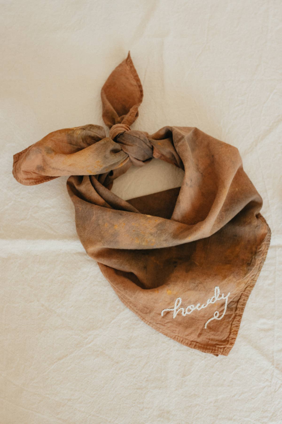 Hand embroidered Howdy organic cotton bandana- hand dyed