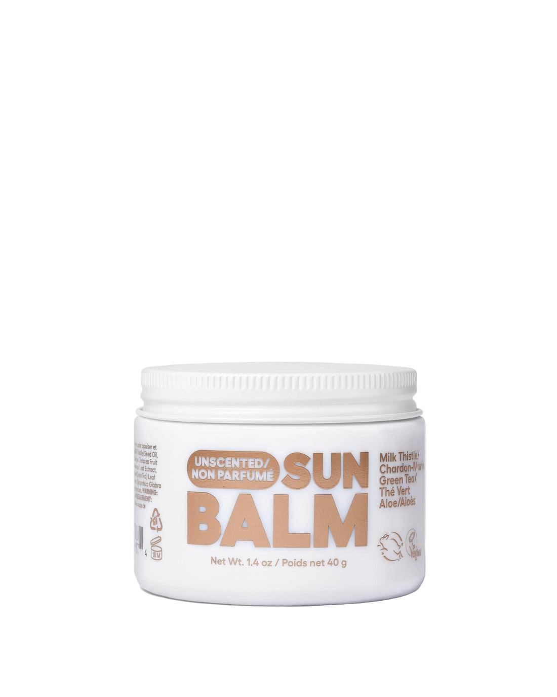 Sun balm jar with white lid on a light beige background