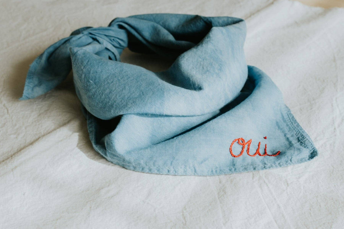 Hand embroidered hand dyed organic cotton bandana - Oui ban