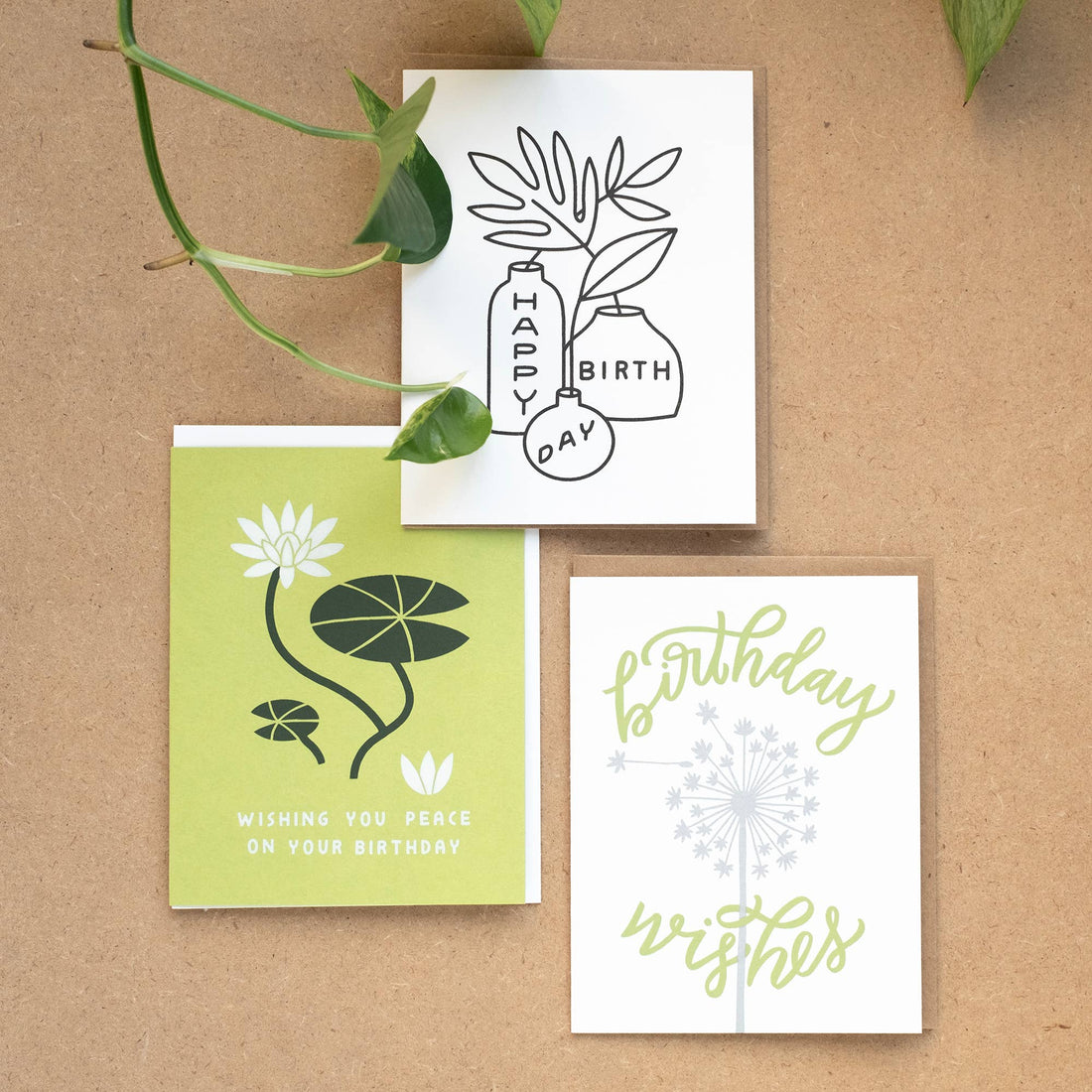 Happy Birthday Leaves and Vases Card